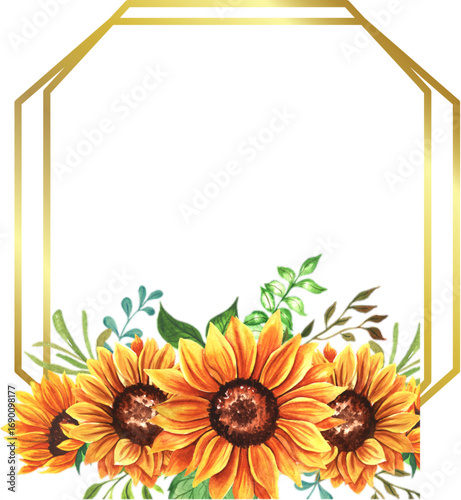 Watercolor Sunflowers and Gold Geometric Frame: Autumnal Floral Design Element