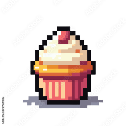 A sweet cherry cupcake dessert in a retro pixel art style. This 8-bit graphic icon is isolated on a white background, ideal for video game assets
