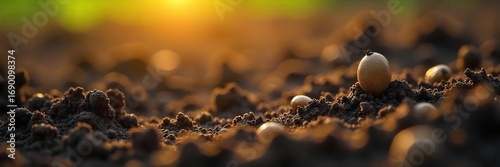 Close-up view of freshly sown sunflower seeds in rich, dark soil, ready for spring planting Sunlight illuminates the tiny seeds, promising a vibrant summer harvest , earth, life, green