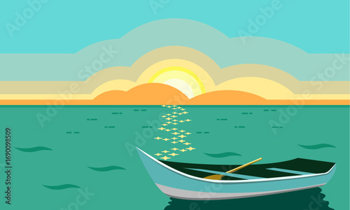 海辺の朝日とボート
