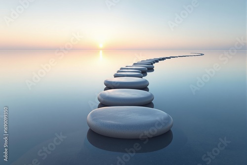 Curved path of smooth stones over calm water leading to sunrise, minimalistic creative background concept of balance, peace and meditation. Ai generative