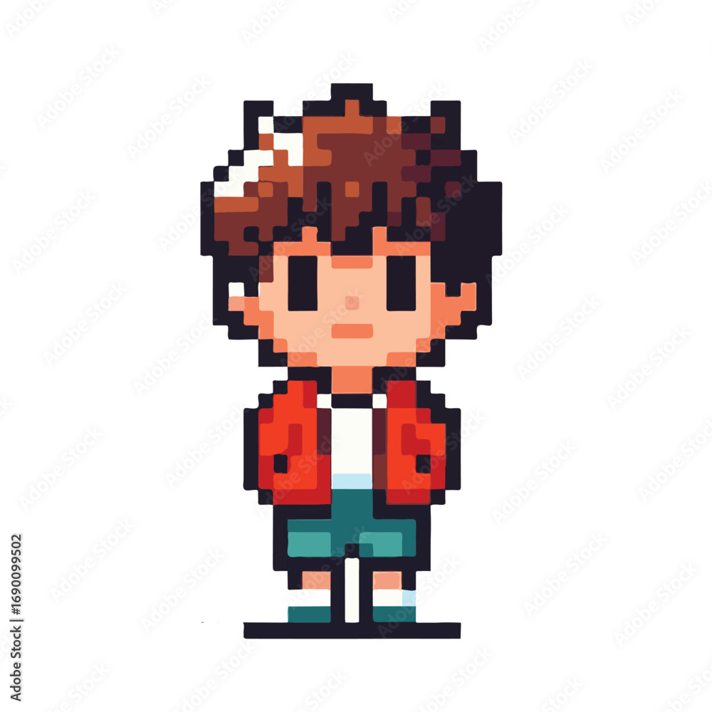 Obraz premium Charming Pixelated Portrait of a Young Boy A Retro Game Character Illustration