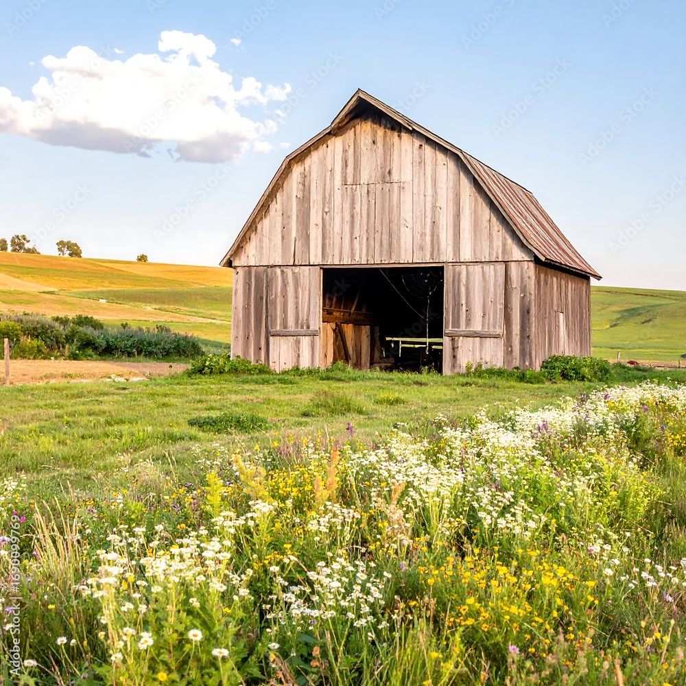 Obraz premium Rustic barn in a grassy field with wildflowers
