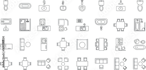 Vector vector art of various architectural icons and furniture elements for interior design plans transparent background