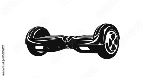Black and white illustration of a modern electric self-balancing hoverboard.