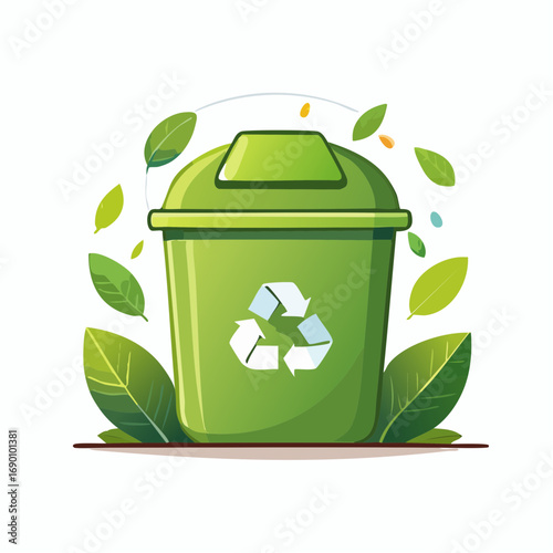Recyclable Green Trash Can With Leaf Background