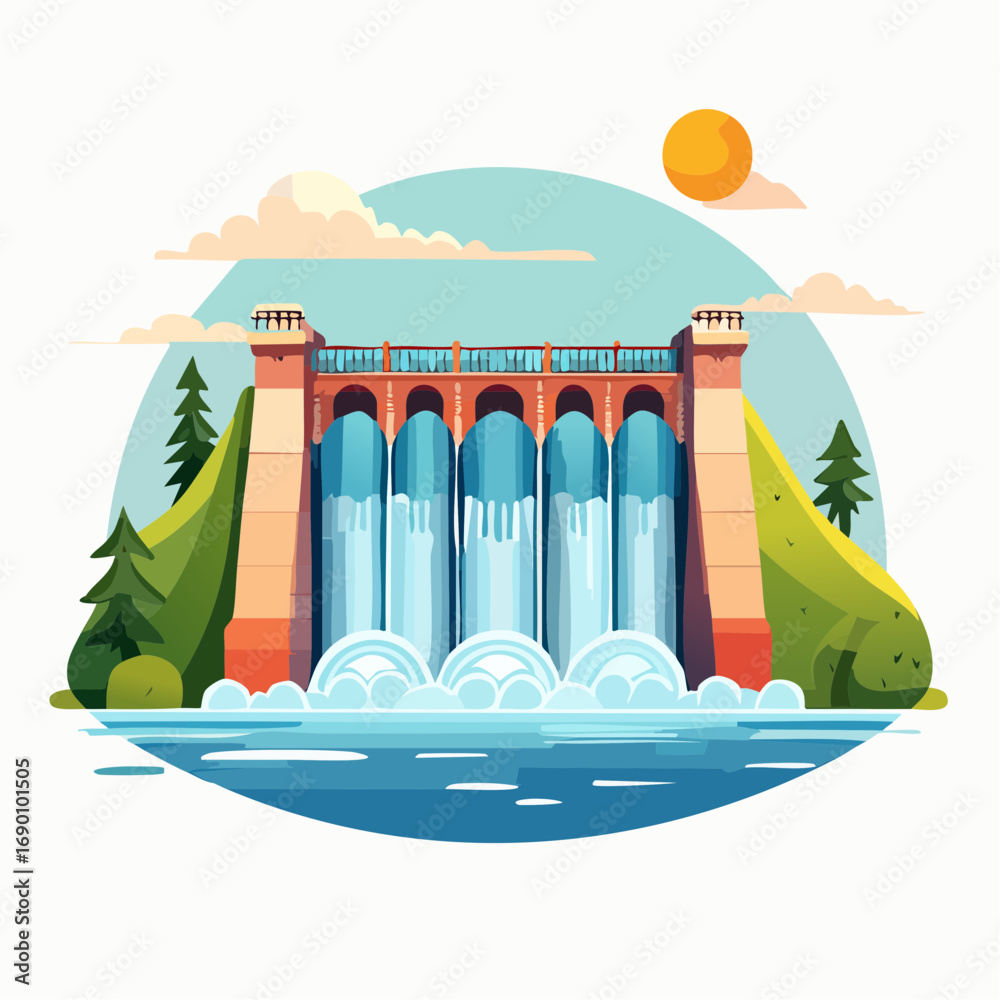 Fototapeta premium Colorful Cartoon Dam With Waterfall