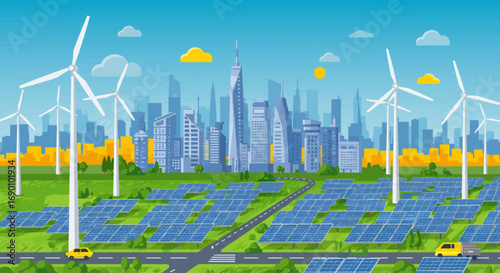 Vector illustration of clean energy concept with solar panels, wind turbines, and eco-friendly city skyline
