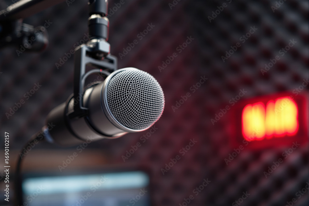 Obraz premium Close-up of professional microphone in recording studio with glowing on-air sign in background, symbolizing podcast or broadcast environment. Ai generative