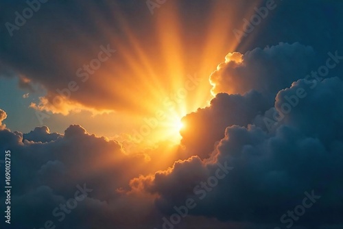 Intense burst of sunlight breaking through dark clouds, creating a dramatic glare effect Perfect for backgrounds or illustrating powerful natural phenomena , white, dazzling, radiance