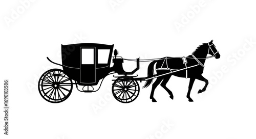 Black silhouette of a classic horse-drawn carriage with a single horse and driver.