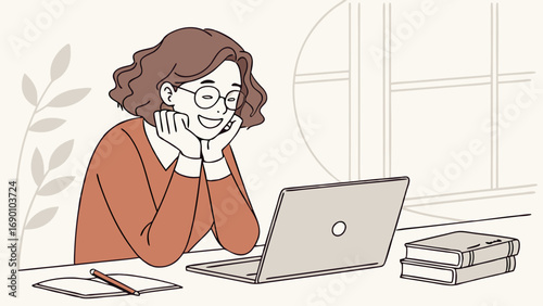 Happy Person Working on Laptop Online Education Concept Illustration.