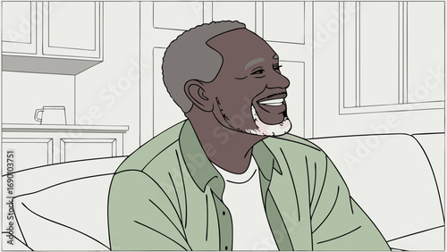 Happy Senior Man Sitting on Sofa Line Art Illustration.