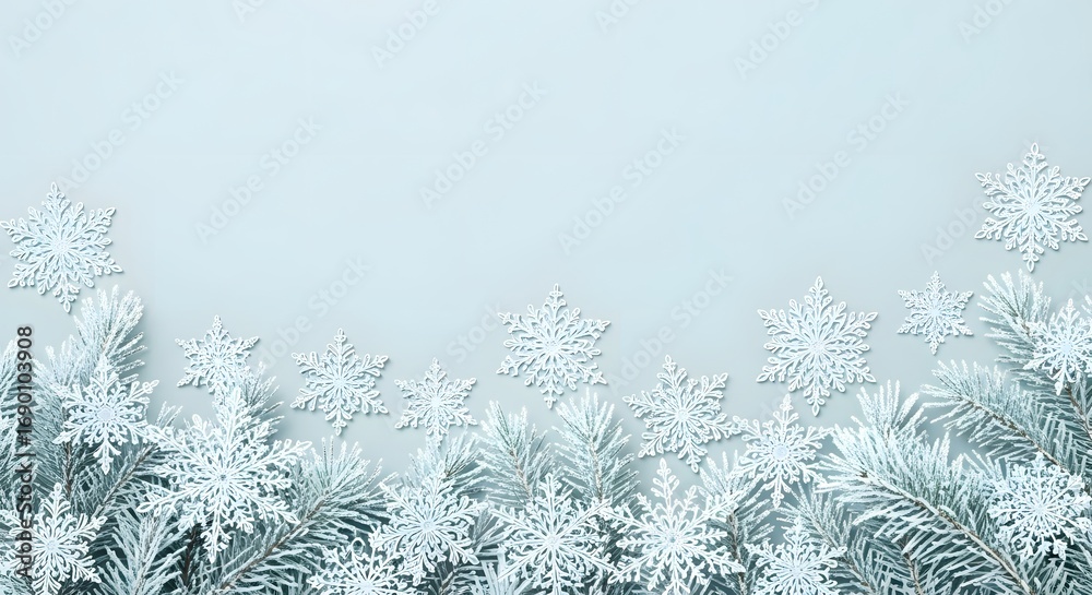 Obraz premium Elegant winter background with silver snowflakes and frosted branches, creating a serene and festive atmosphere for holiday greetings and seasonal designs