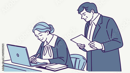 Illustration of a Judge Working with an Associate on a Laptop.