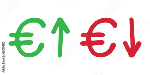 Hand drawn euro currency symbol Growth and fall profit with arrow up and down Brush stroke doodle Element for design
