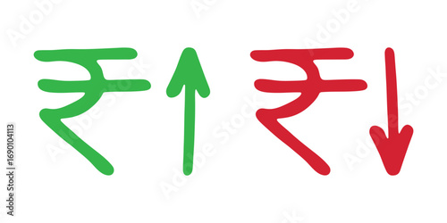 Hand drawn rupee currency symbol Growth and fall profit with arrow up and down Brush stroke doodle Element for design