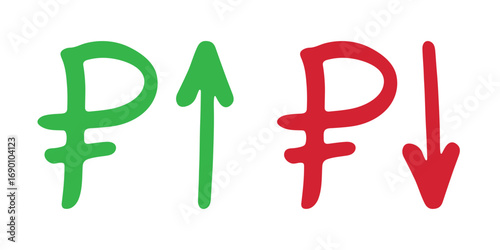 Hand drawn russian ruble currency symbol Growth and fall profit with arrow up and down Brush stroke doodle Element for design