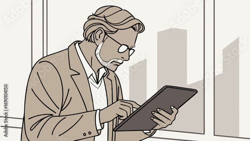 Man using tablet computer digital device modern technology business professional office worker stylish attire contemporary illustration urban background minimalist design clean lines simple drawing v.