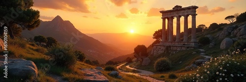 Serene view of ancient Roman ruins at sunrise, bathed in golden light; a peaceful scene ideal for meditation and reflection , mindfulness, contemplation, tranquil