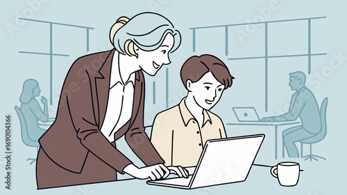 Mentorship Business Coaching Teamwork Office Collaboration Laptop Colleagues Professional Development Guidance Support Success Modern Workplace Professional Advice Mentoring Session Business Training.