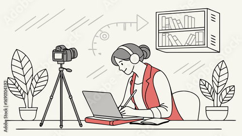 Online tutorial woman laptop camera home office workspace study blogging vlogging video recording education teaching webinar remote learning online course digital content creator influencer home stud.