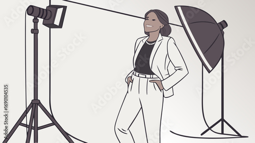 Professional Woman in Photo Studio Fashion Photography Lighting Setup Portrait Illustration.