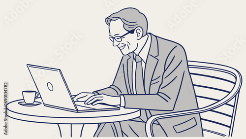 Senior man working on laptop coffee break business digital nomad line art illustration.