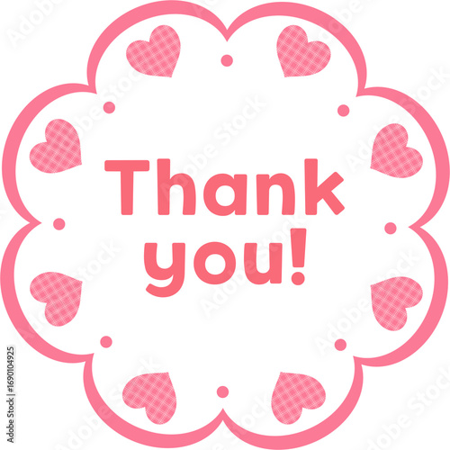 Heart decorated Thank You round label design, isolated background. Romantic thank you message sticker graphic