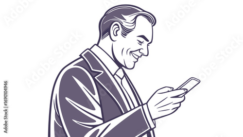 Smiling businessman using smartphone profile view vector illustration business communication mobile technology digital communication corporate style professional happy success elegant suit tie cellph.