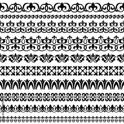 Ethnic background on the theme of Uzbek, Kazakh national ornament, Islamic pattern, seamless border set, vector design