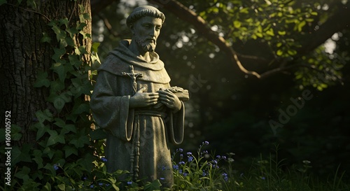 Statue of Saint Francis of Assisi in a garden setting.