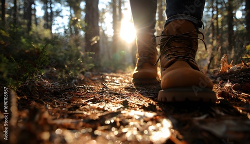 Close up of hiking boots walking on forest trail with autumn leaves