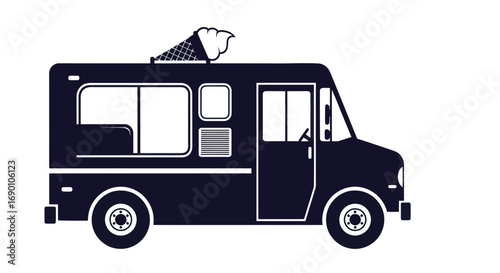Simple dark silhouette illustration of a classic ice cream truck with a cone on its roof.