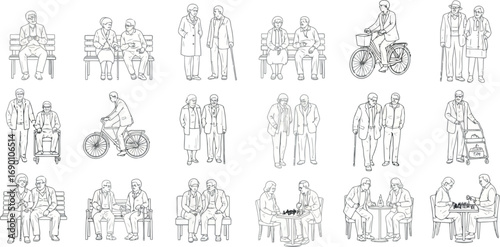 Vector vector art of collection of line art sketches depicting elderly people engaged in various activities, transparent background