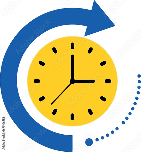 Vector vector art of yellow clock face with black hands and markers, surrounded by a blue circular arrow, transparent background