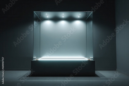Vibrant photo of large square glass box on an empty black background, illuminated from the inside with white lights and a modern design display case for displaying products or.