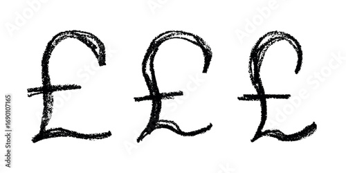 Set of hand drawn british pound currency symbol. Brush stroke doodle. Single element for design
