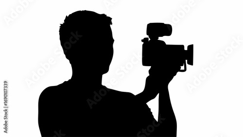 Silhouette of a man holding a video camera with a microphone on top against a white background image view