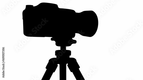 Silhouette of a camera with a large lens mounted on a tripod against a white background, studio shot