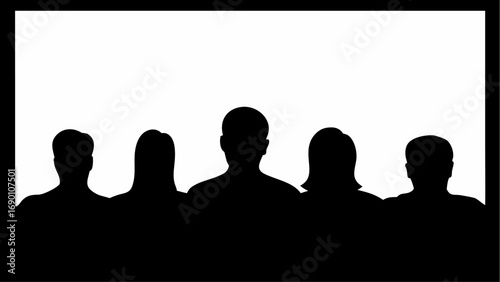 Silhouette of five people standing in a row against a white background with a black border around it