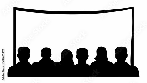 Silhouette of a group of people sitting in front of a large screen, possibly in a theater setting or cinema