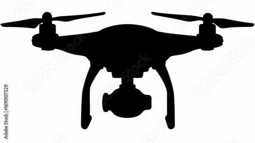 Silhouette of a drone with visible propellers and camera attachment against a white background plain picture