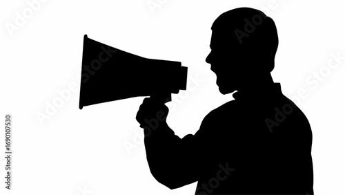 Silhouette of a man shouting into a megaphone with a determined expression against a white background