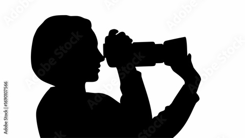 Silhouette of a person holding a camera with both hands and looking through the viewfinder carefully focused
