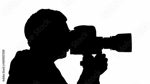 Silhouette of a person holding a camera to their eye taking a photograph in black and white art style