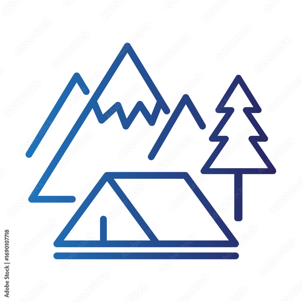 Simple line art icon representing camping, hiking, and outdoor recreation with a tent, mountains, and a pine tree on a white background Simple line art icon representing camping, hiking, and outdoor recreation with a tent, mountains, and a pine tree on a white background