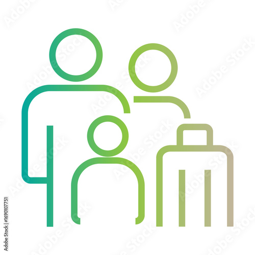 Simple gradient line icon of a family with a child and luggage, representing the concept of group travel, vacation, and tourism together