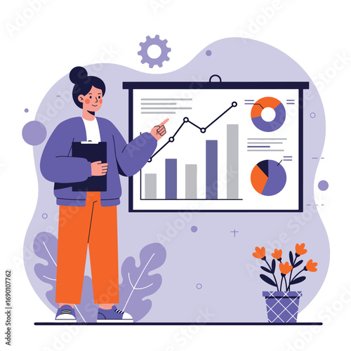 Businesswoman Presenting Financial Data on Whiteboard.