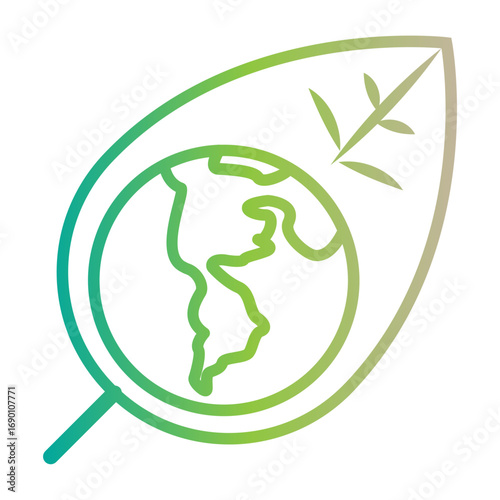 Line art icon of planet Earth within a leaf, representing global ecology, nature conservation, and a sustainable future